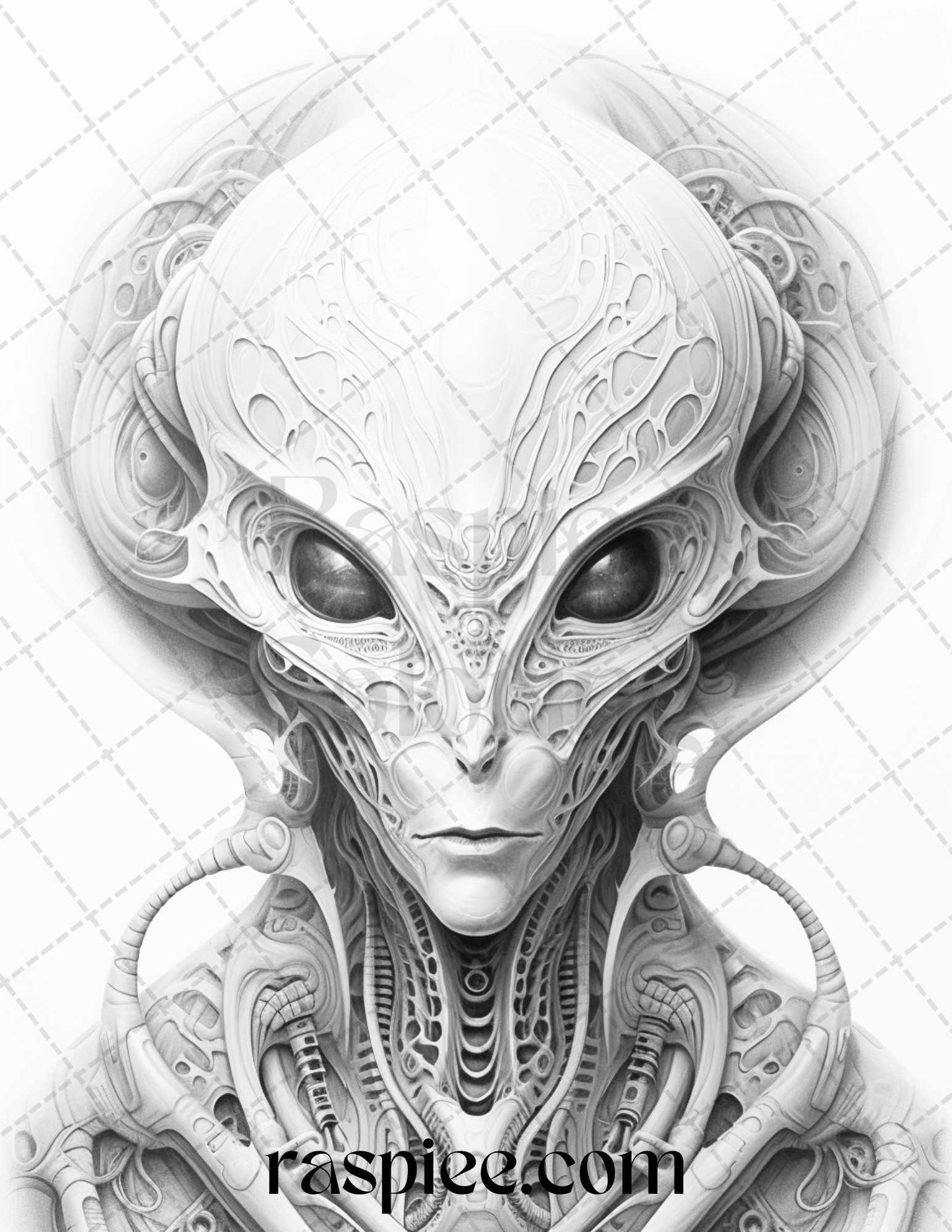 65 Alien Portrait Grayscale Coloring Pages for Adults, Printable PDF File Instant Download