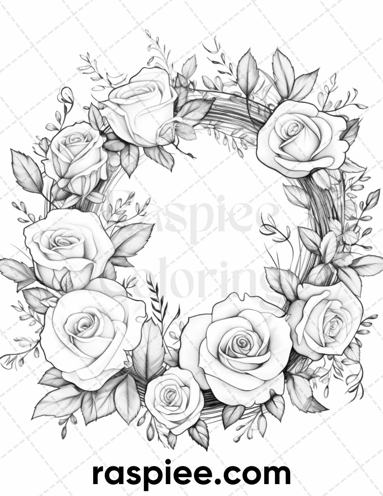 65 Spring Floral Wreaths Grayscale Adult Coloring Pages, Printable PDF Instant Download