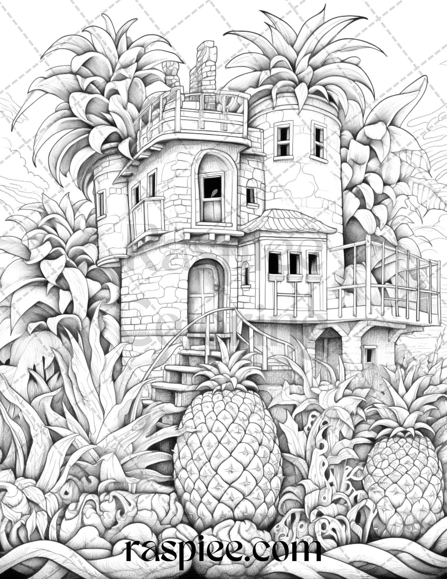 50 Pineapple Houses Grayscale Coloring Pages Printable for Adults, PDF File Instant Download