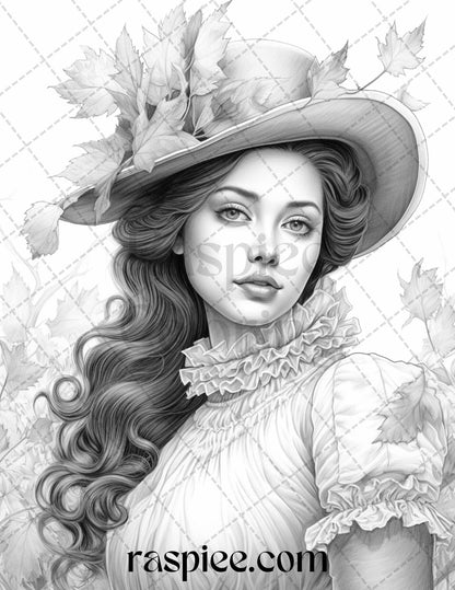 60 Victorian Autumn Portrait Grayscale Coloring Pages Printable for Adults, PDF File Instant Download