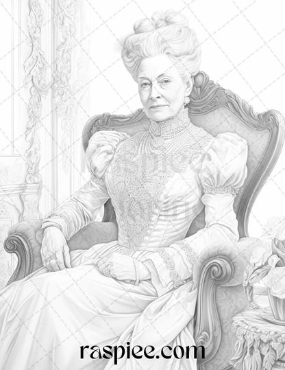 50 Victorian Grandma Grayscale Coloring Pages Printable for Adults, PDF File Instant Download
