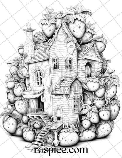 50 Strawberry Houses Grayscale Coloring Pages Printable for Adults Kids, PDF File Instant Download