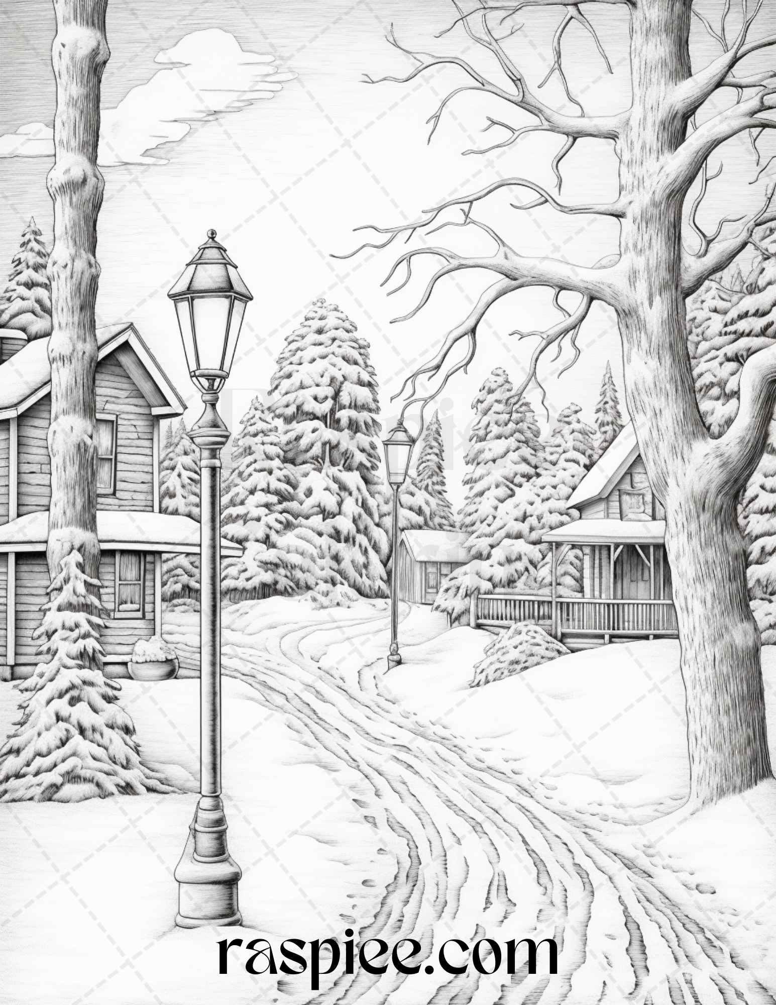 Winter Scenery Grayscale Coloring Pages Printable, Relaxing Snowy Landscapes, PDF File Instant Download