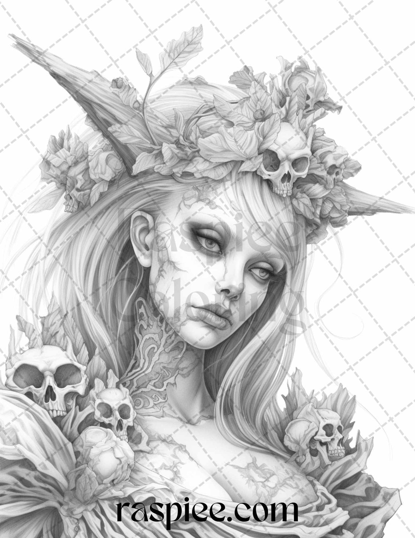 60 Halloween Zombie Fairy Grayscale Coloring Pages Printable for Adults, PDF File Instant Download