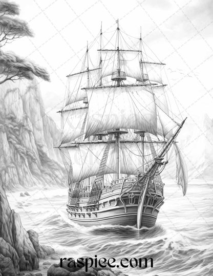 60 Pirate Life Grayscale Coloring Pages Printable for Adults, Stress Relief Coloring, PDF File Instant Download