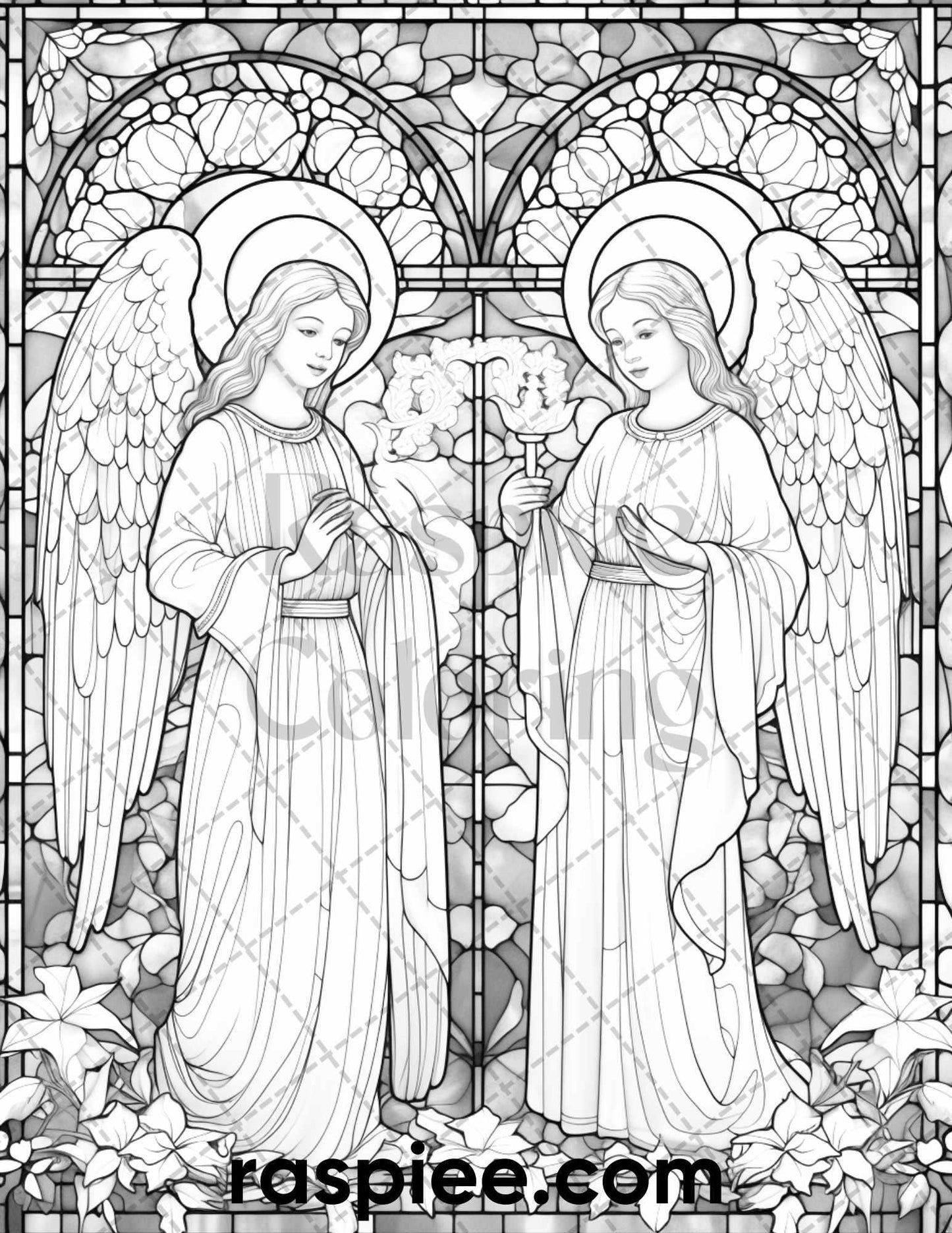 50 Christmas Stained Glass Grayscale Coloring Pages for Adults, Printable PDF File Instant Download