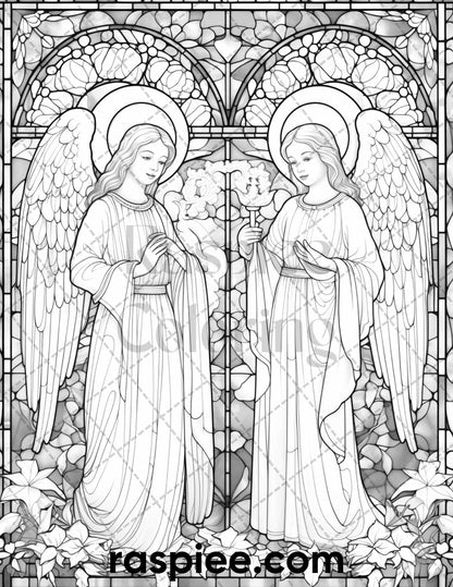 50 Christmas Stained Glass Grayscale Coloring Pages for Adults, Printable PDF File Instant Download