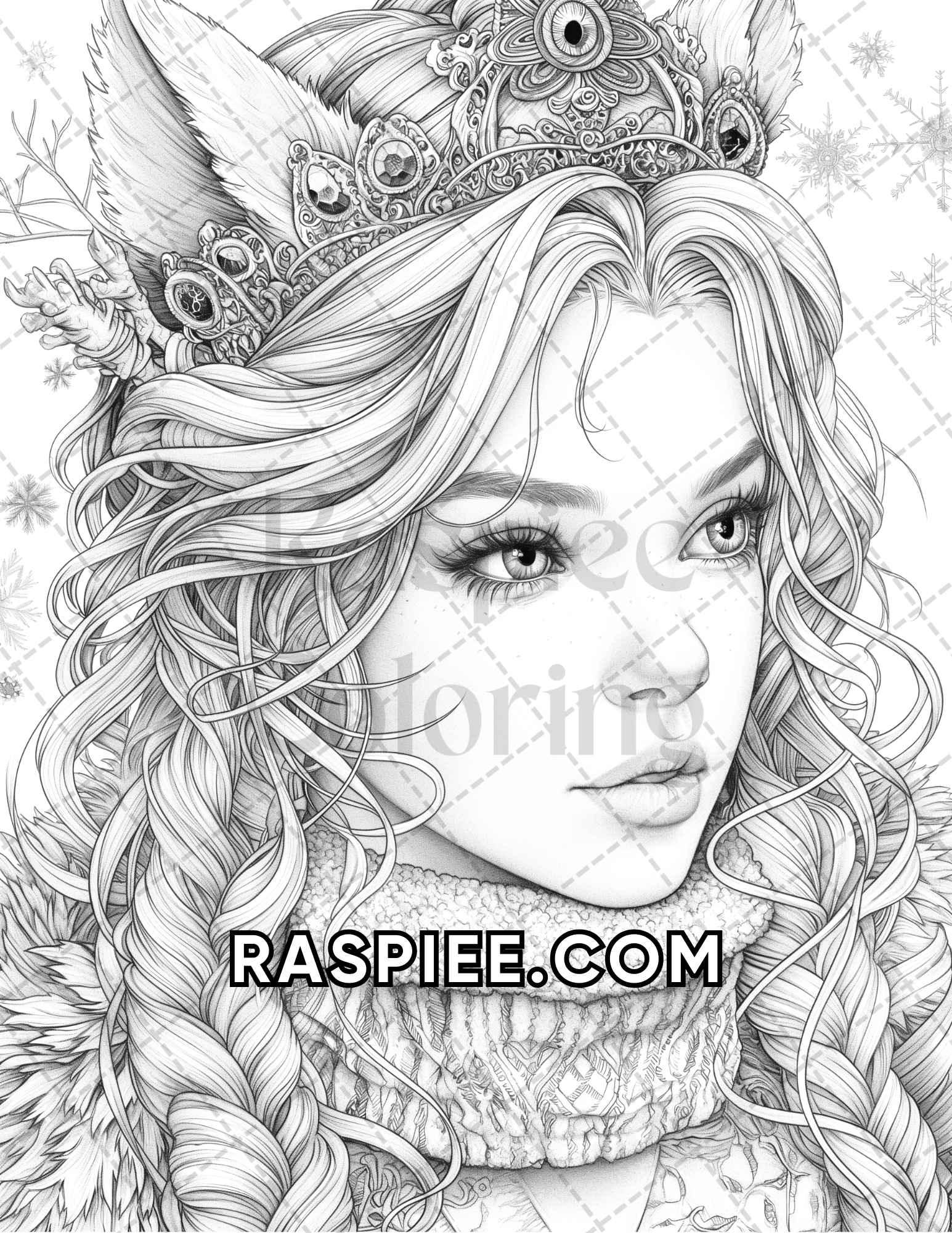 60 Fantasy Beauties Grayscale Adult Coloring Pages Printable PDF Instant Download