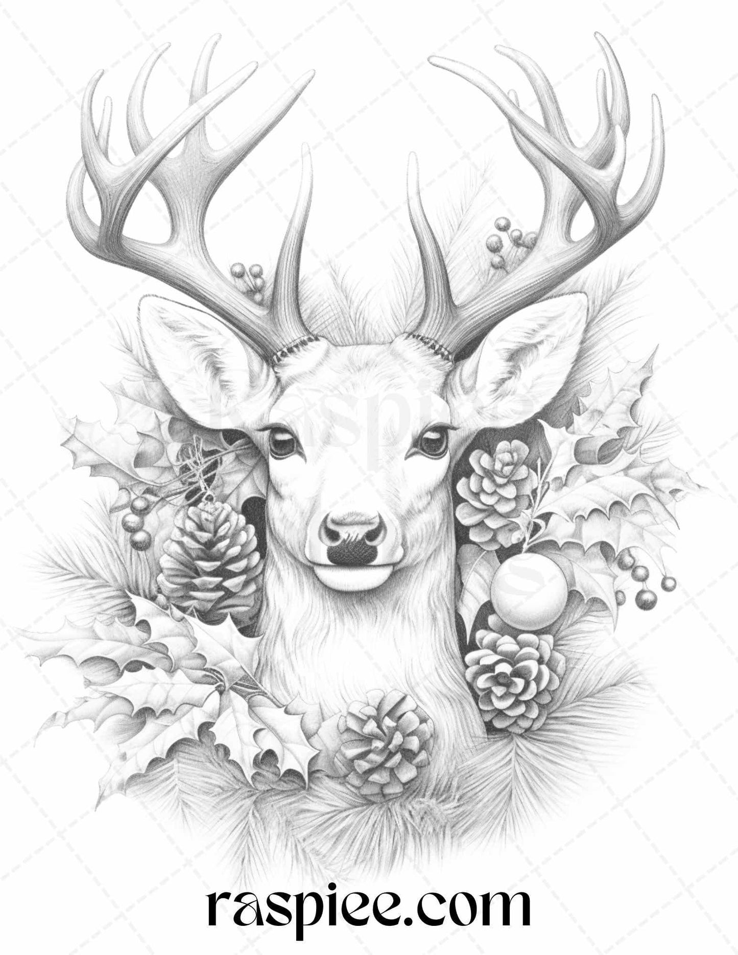 70 Christmas Animals Grayscale Coloring Pages Printable for Adults, PDF File Instant Download