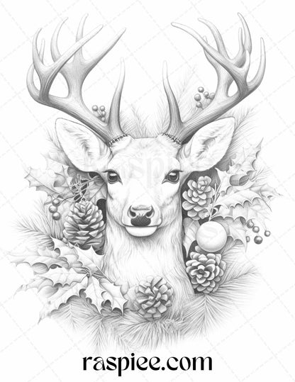 70 Christmas Animals Grayscale Coloring Pages Printable for Adults, PDF File Instant Download