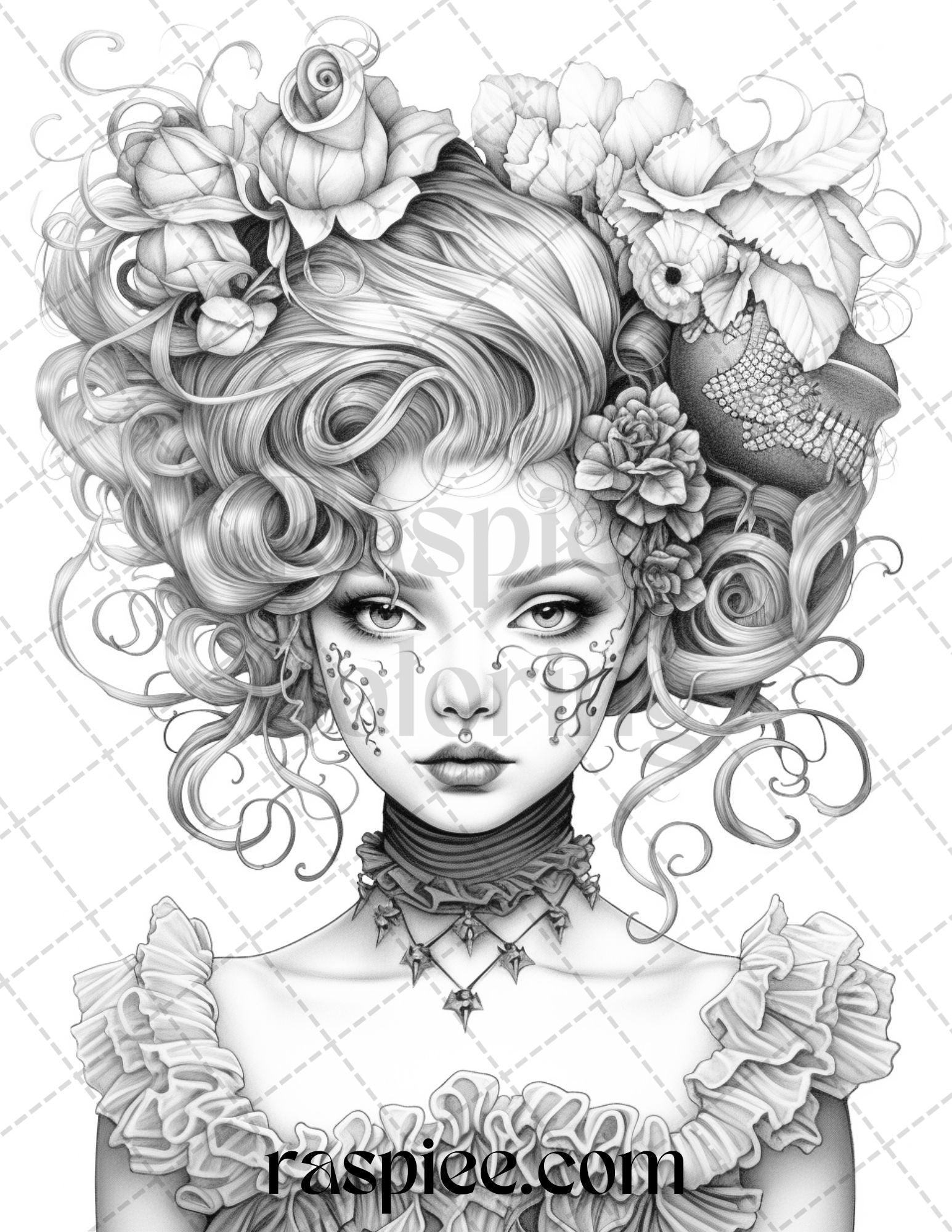 55 Halloween Girls Grayscale Coloring Pages Printable for Adults, PDF File Instant Download