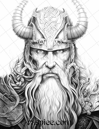 55 Viking Warriors Portrait Grayscale Coloring Pages Printable for Adults, PDF File Instant Download