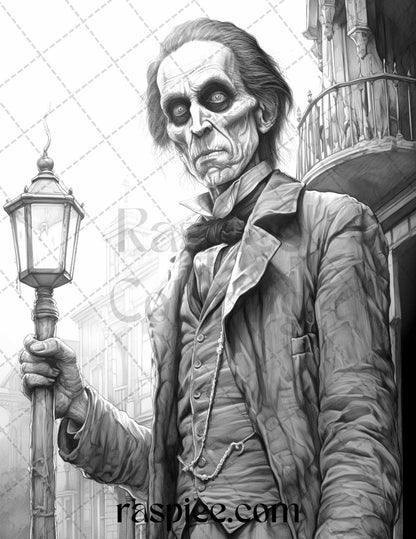 60 Halloween Victorian Era Grayscale Coloring Pages Printable for Adults, PDF File Instant Download