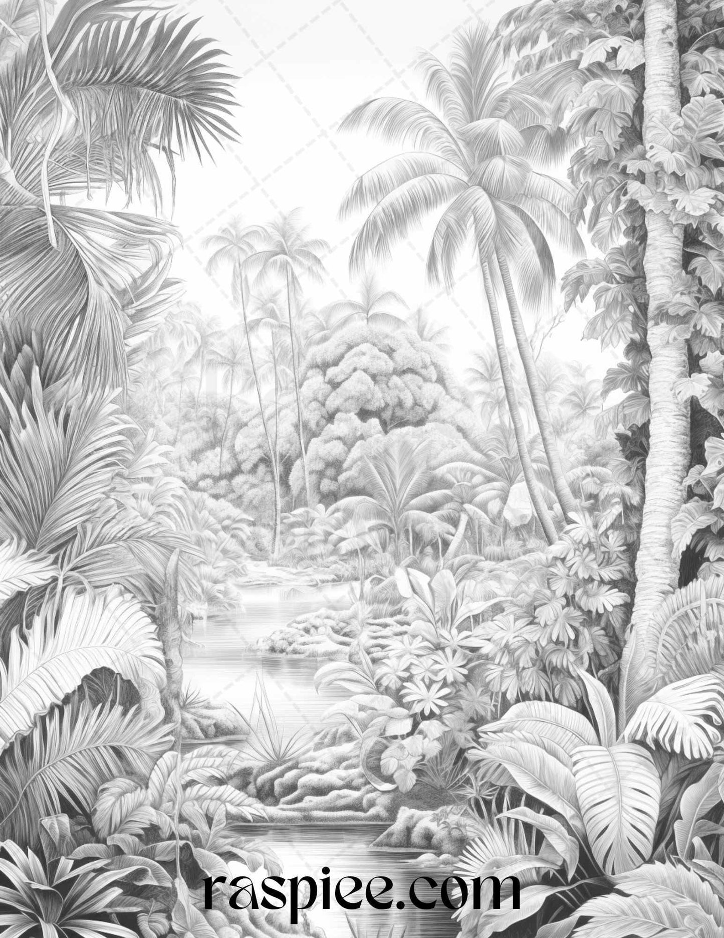 52 Tropical Oasis Grayscale Coloring Pages Printable for Adults, PDF File Instant Download