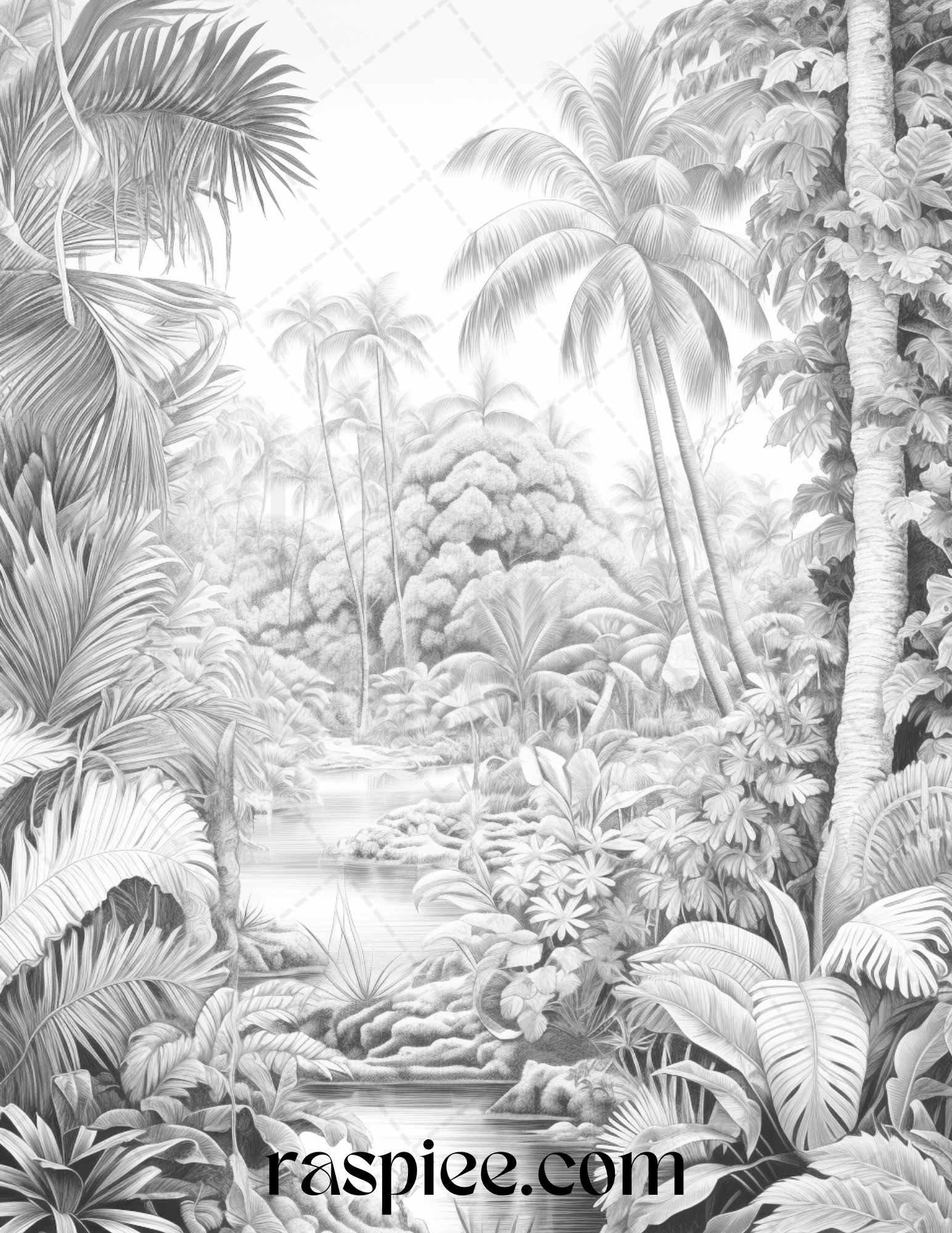 52 Tropical Oasis Grayscale Coloring Pages Printable for Adults, PDF File Instant Download