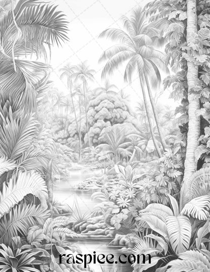 52 Tropical Oasis Grayscale Coloring Pages Printable for Adults, PDF File Instant Download
