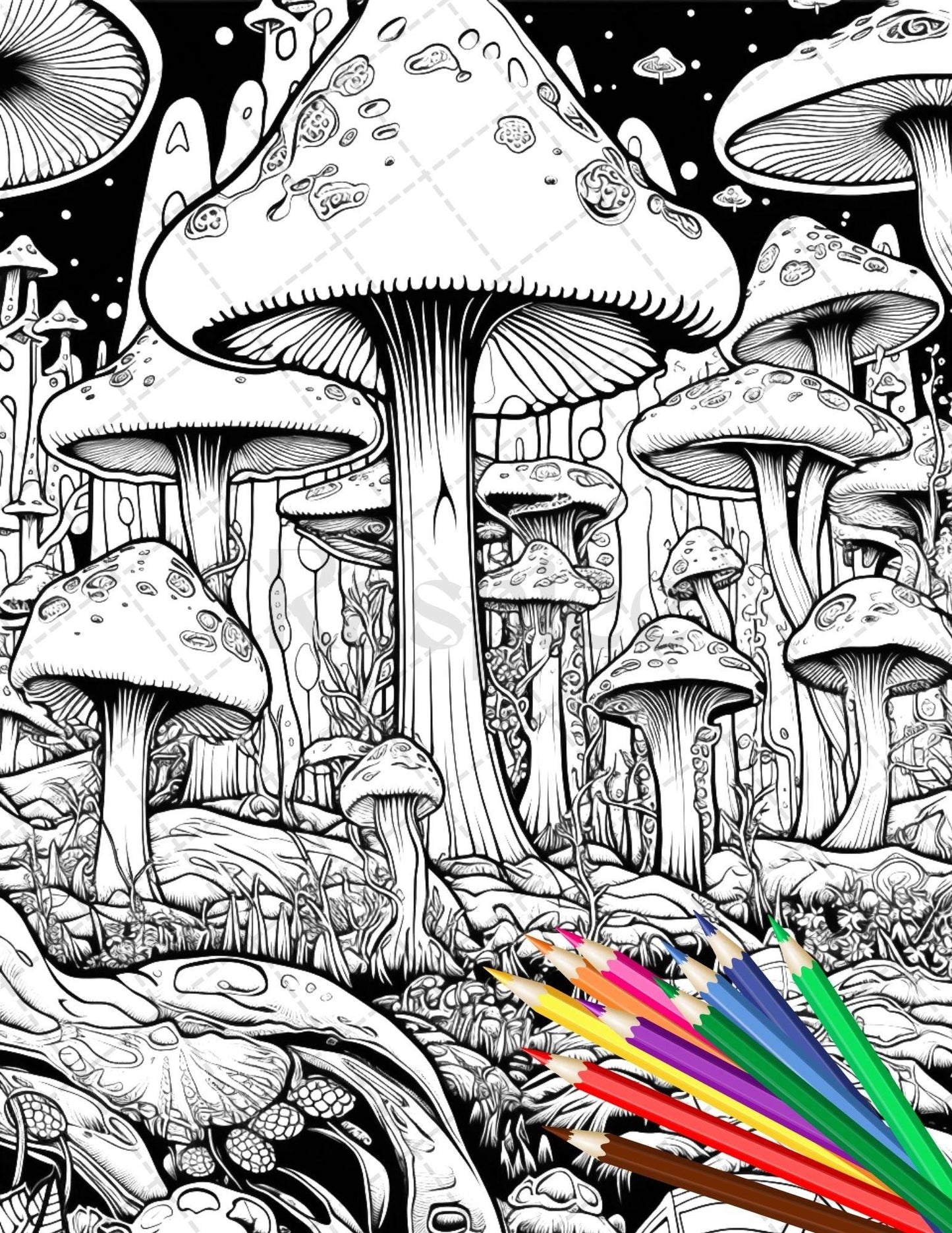 Psychedelic Mushroom Forest Coloring Book Printable for Adults, Trippy Grayscale Coloring Page, PDF File Instant Download