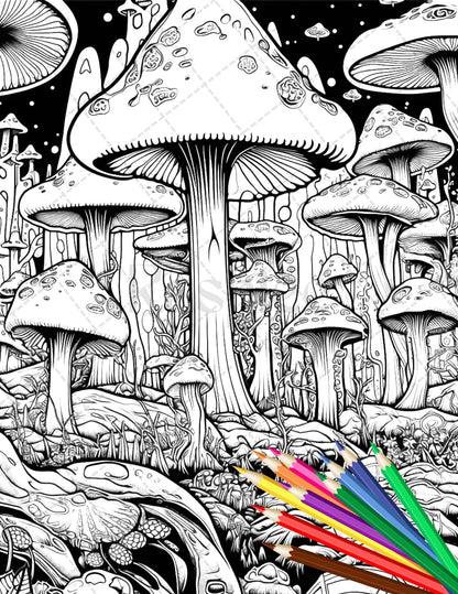 Psychedelic Mushroom Forest Coloring Book Printable for Adults, Trippy Grayscale Coloring Page, PDF File Instant Download