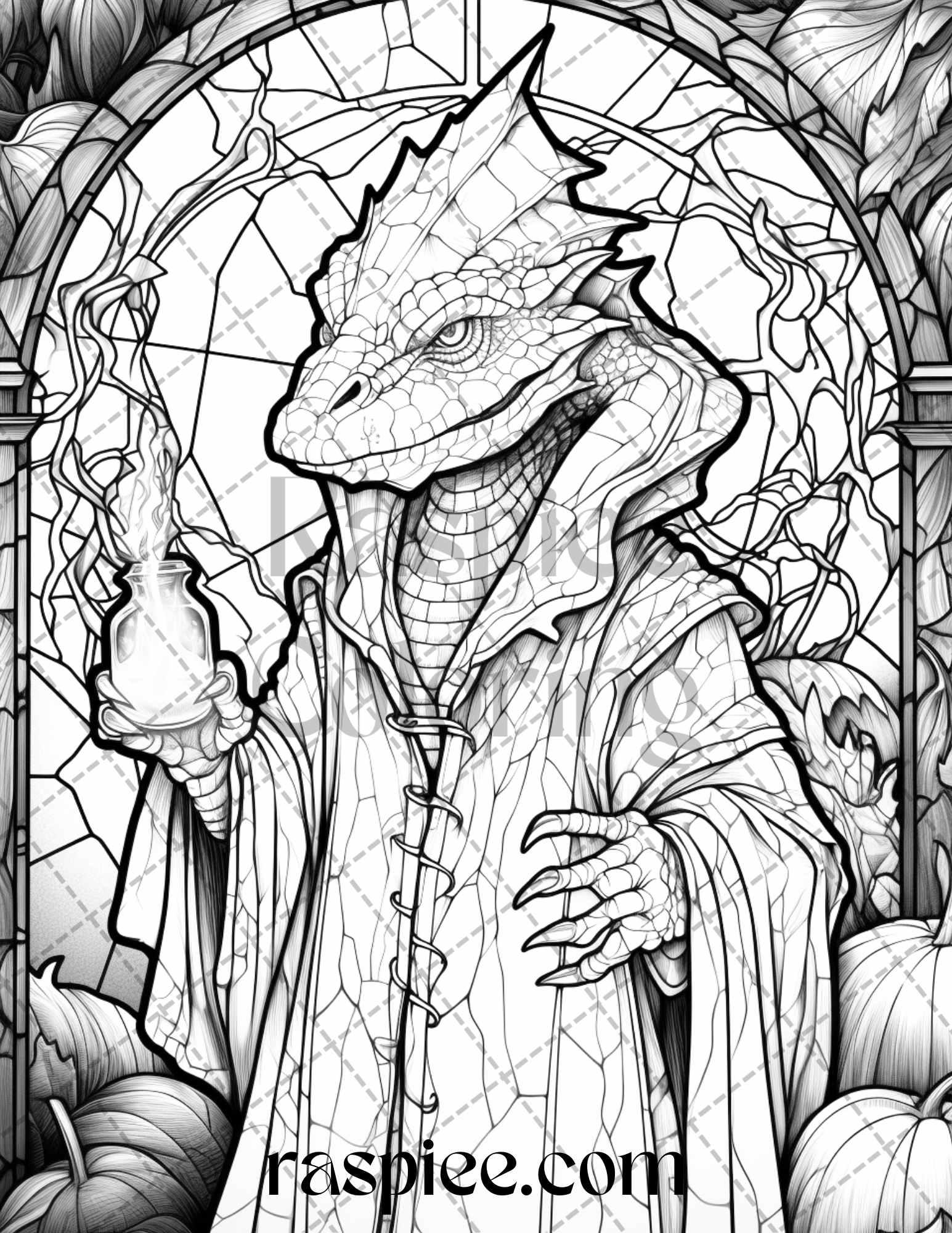 70 Halloween Stained Glass Grayscale Coloring Pages Printable for Adults, PDF File Instant Download