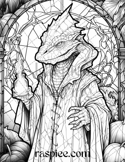 70 Halloween Stained Glass Grayscale Coloring Pages Printable for Adults, PDF File Instant Download