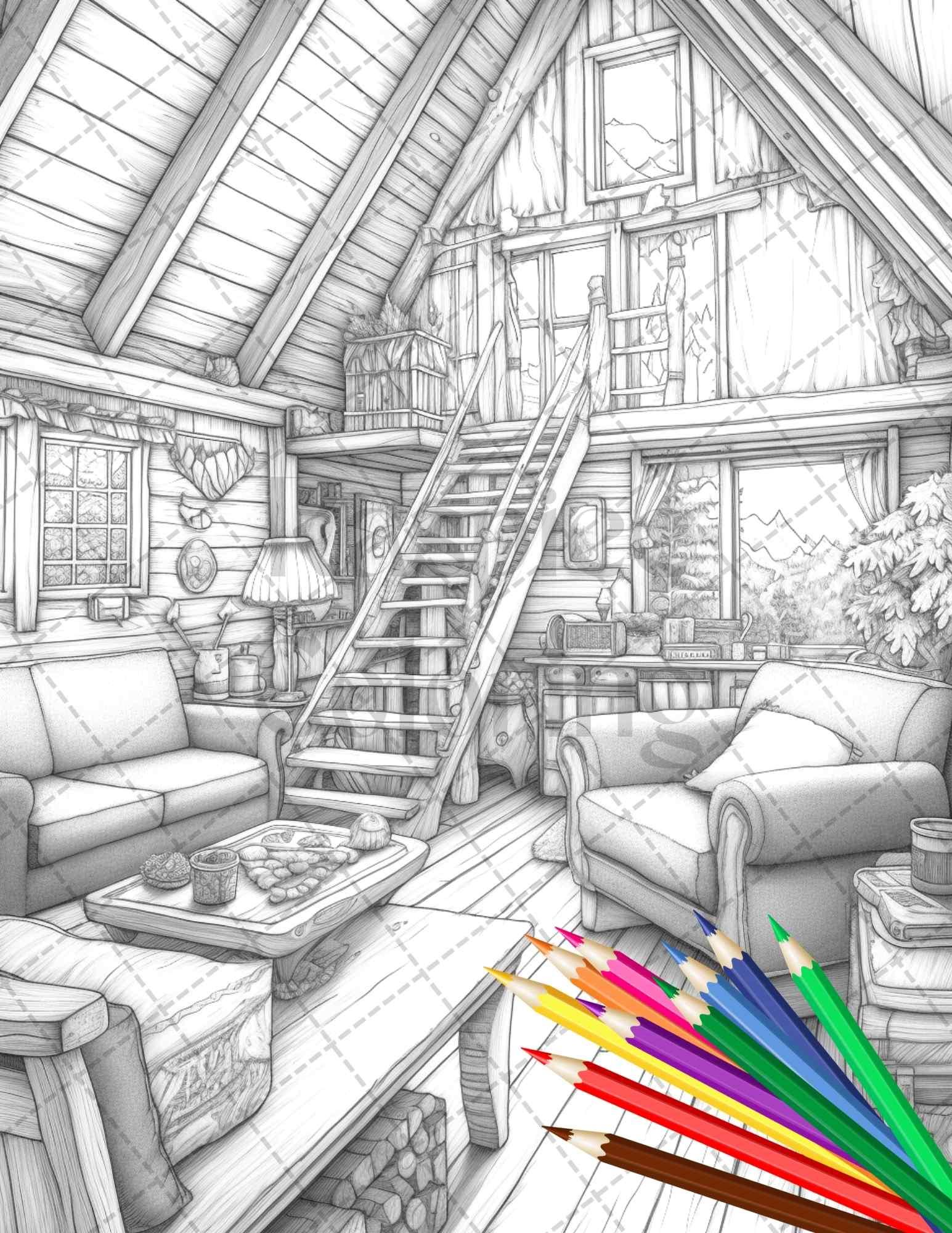 Cozy Cabin Interior Grayscale Coloring Pages Printable for Adults, PDF File Instant Download