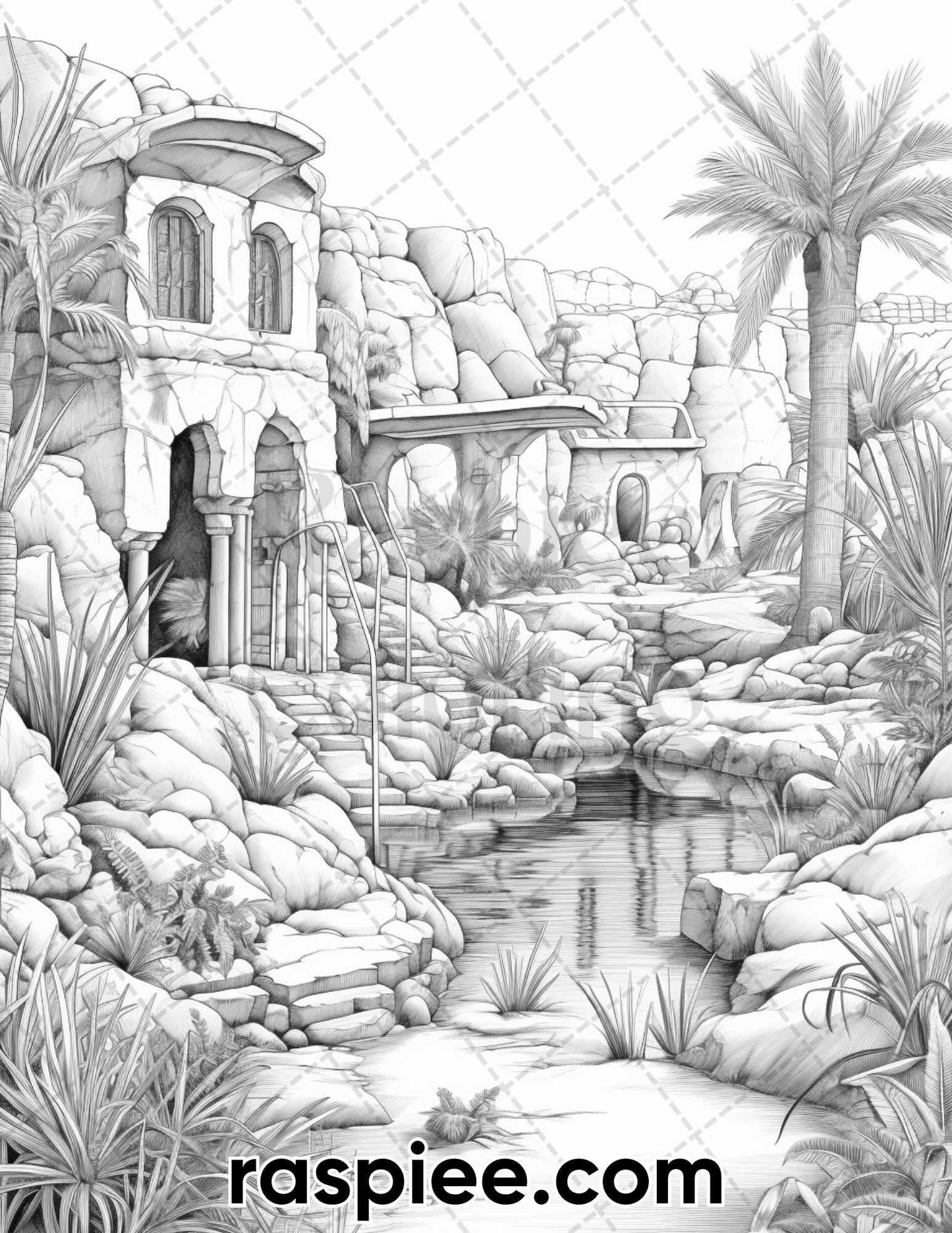 55 Desert Oasis Fairy Homes Grayscale Coloring Pages for Adults, Printable PDF Instant Download