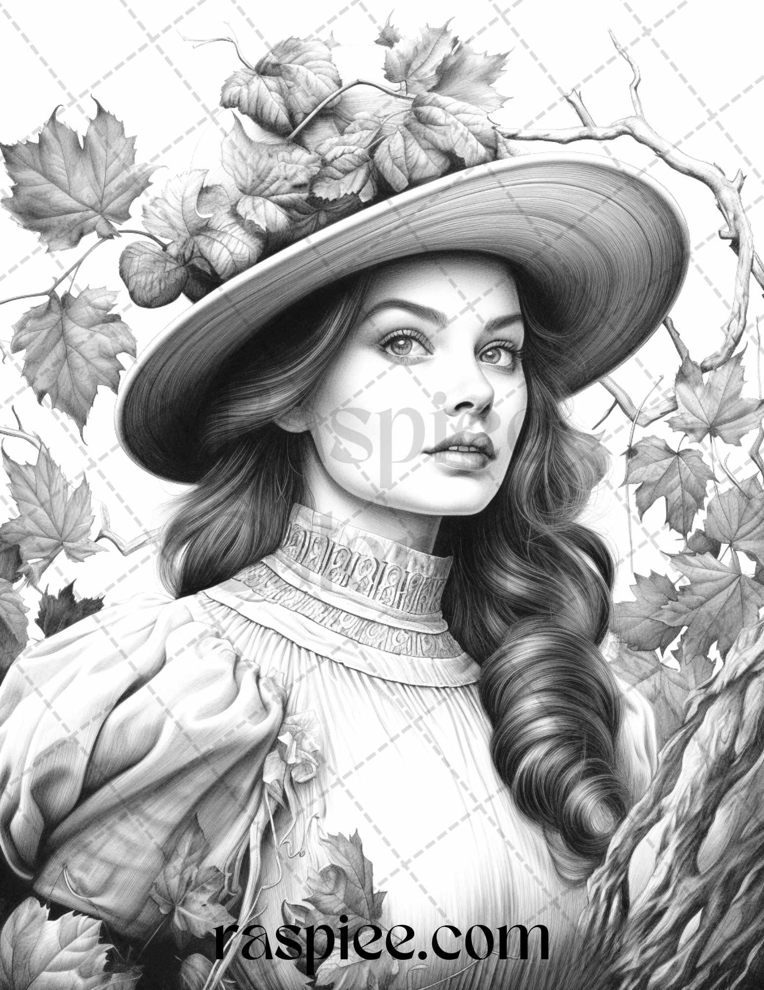 60 Victorian Autumn Portrait Grayscale Coloring Pages Printable for Adults, PDF File Instant Download