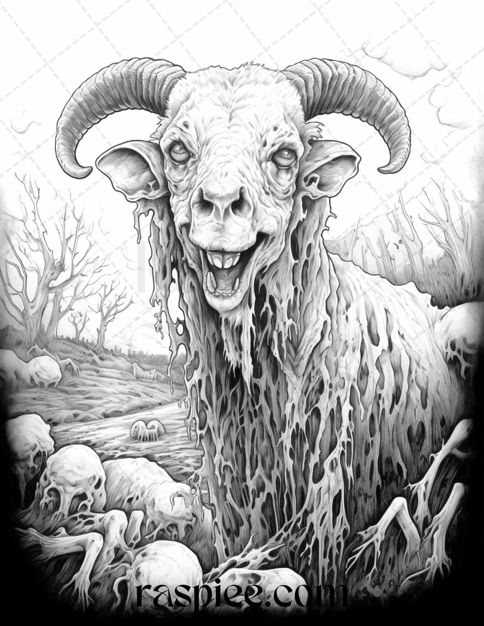 66 Horror Zombie Animals Grayscale Coloring Pages Printable for Adults, PDF File Instant Download