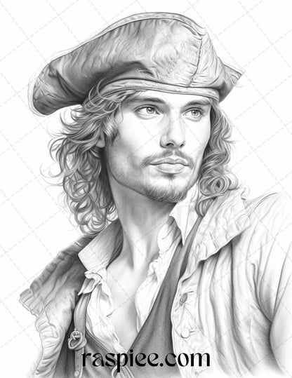 60 Pirate Life Grayscale Coloring Pages Printable for Adults, Stress Relief Coloring, PDF File Instant Download