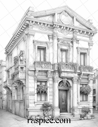 Roman Architecture Grayscale Coloring Pages Printable for Adults, PDF File Instant Download