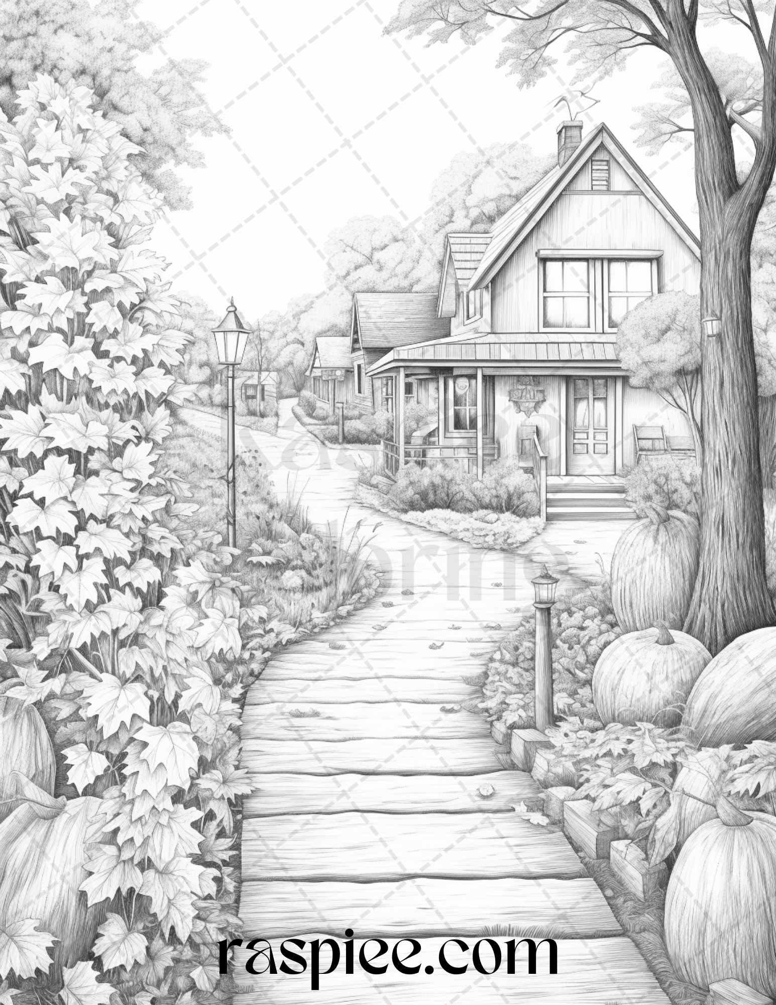 Autumn Scenery Grayscale Coloring Pages Printable for Adults, PDF File Instant Download