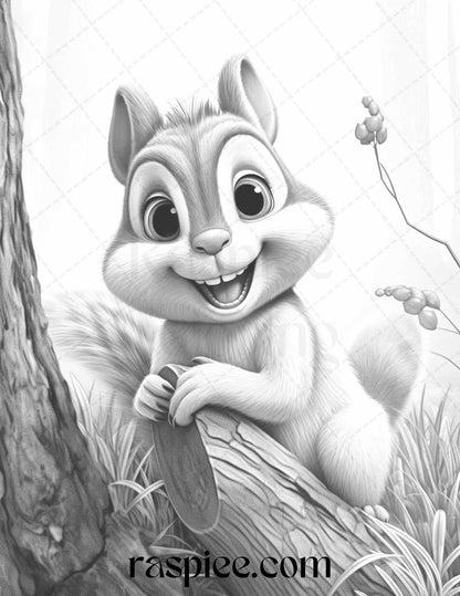 52 Adorable Squirrels Grayscale Coloring Pages Printable for Adults Kids, PDF File Instant Download