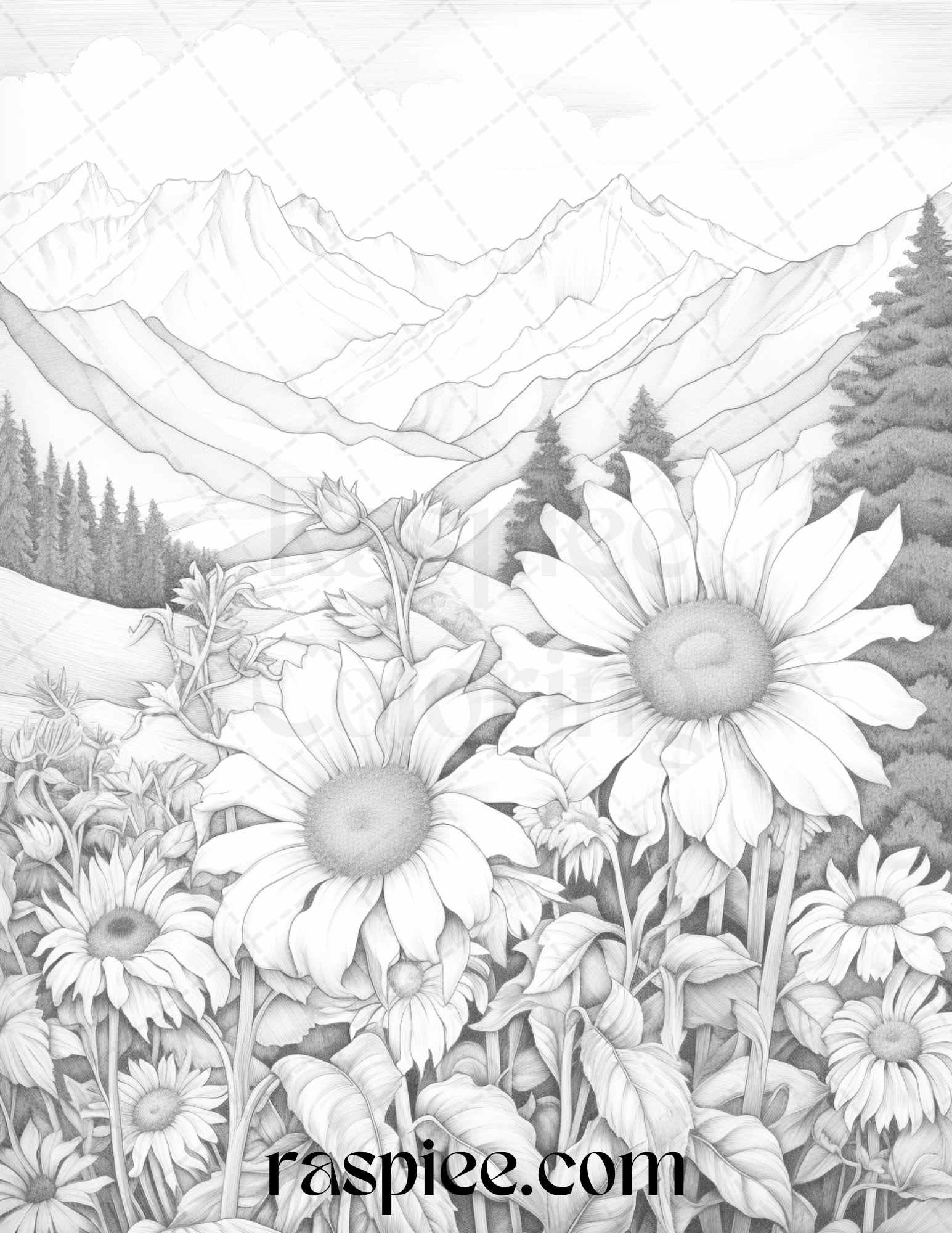 60 Mountain Flower Landscapes Grayscale Coloring Pages Printable for Adults, PDF File Instant Download