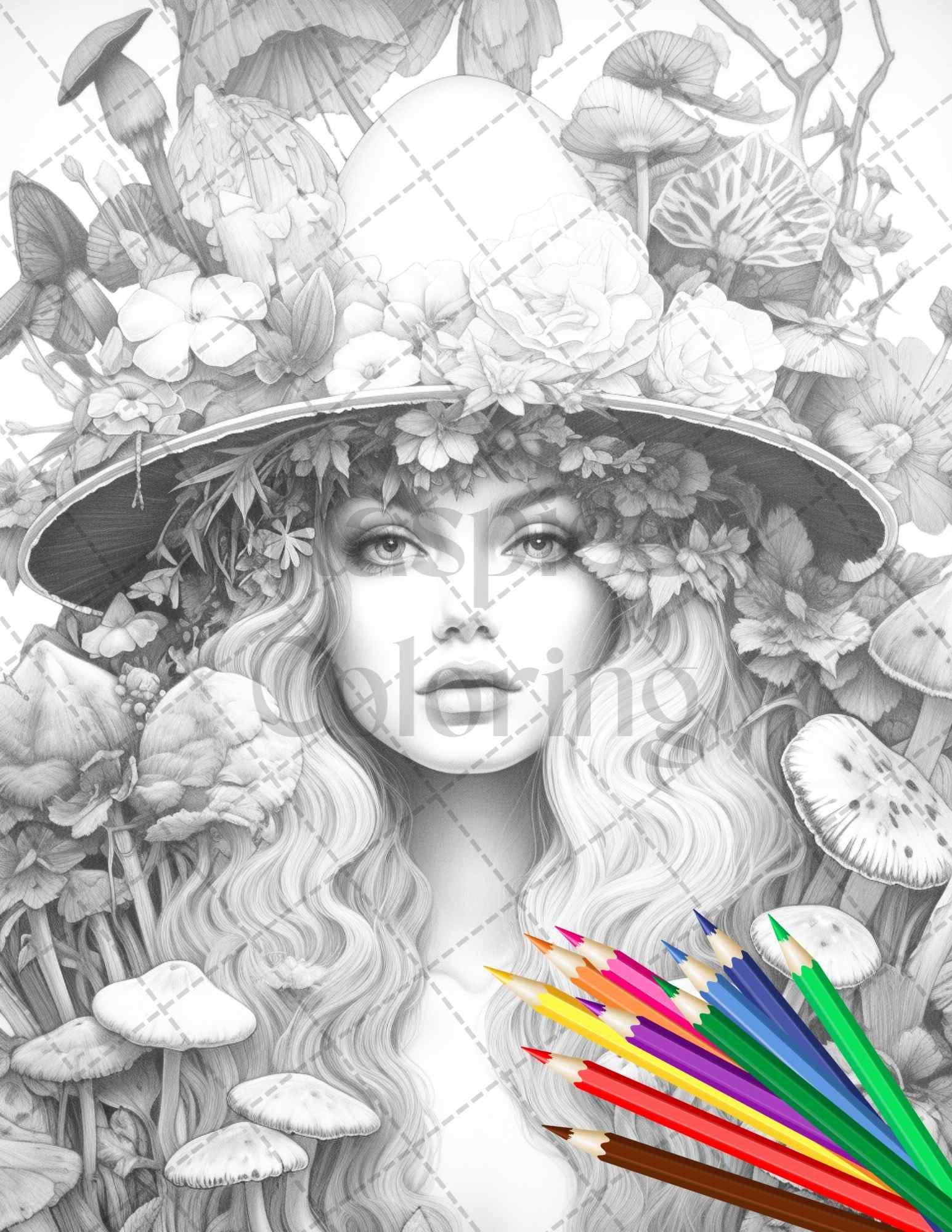 50 Mushroom Fairy Grayscale Coloring Pages Printable for Adults, PDF File Instant Download
