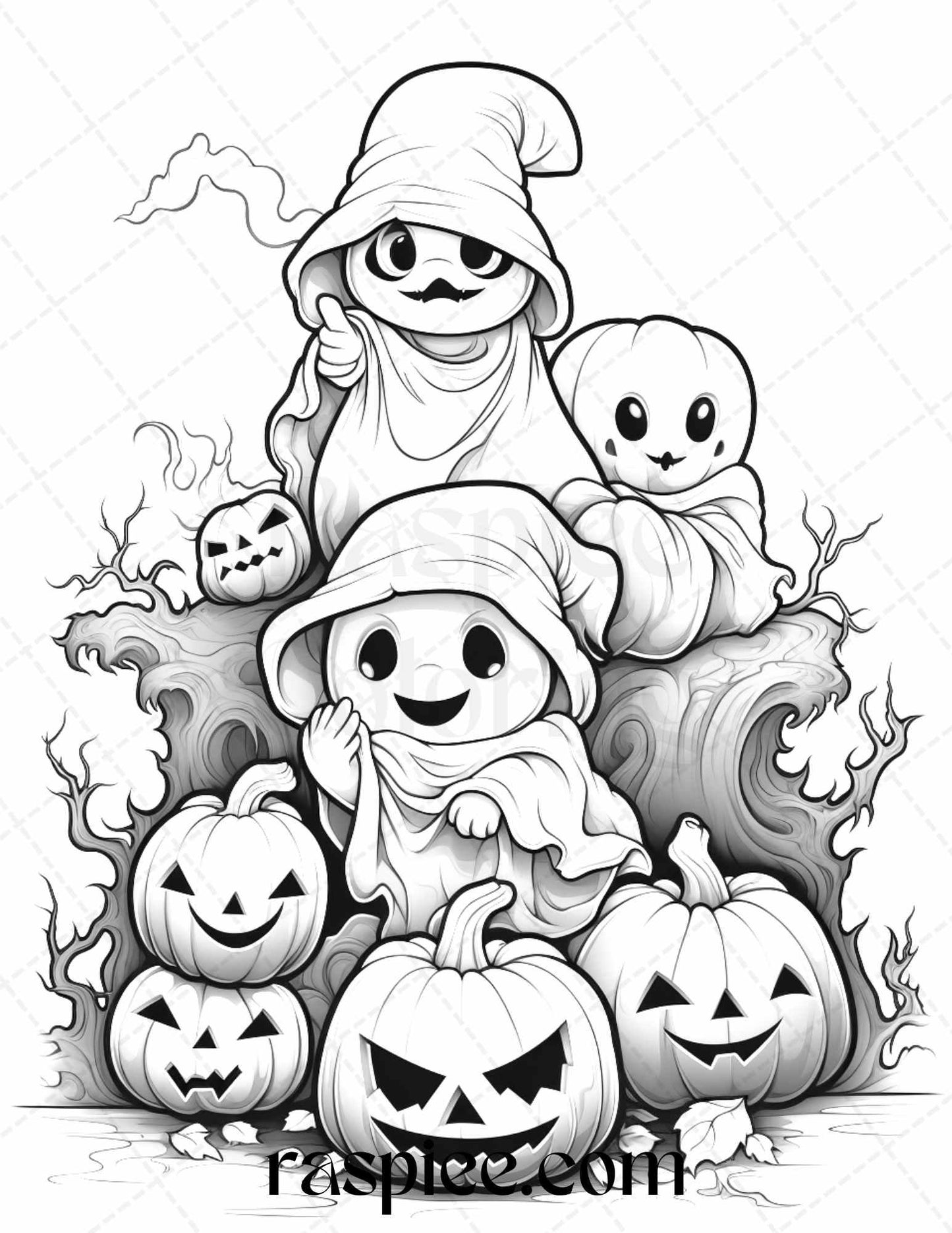 50 Halloween Cute Ghosts Grayscale Coloring Printable for Adults Kids, PDF File Instant Download