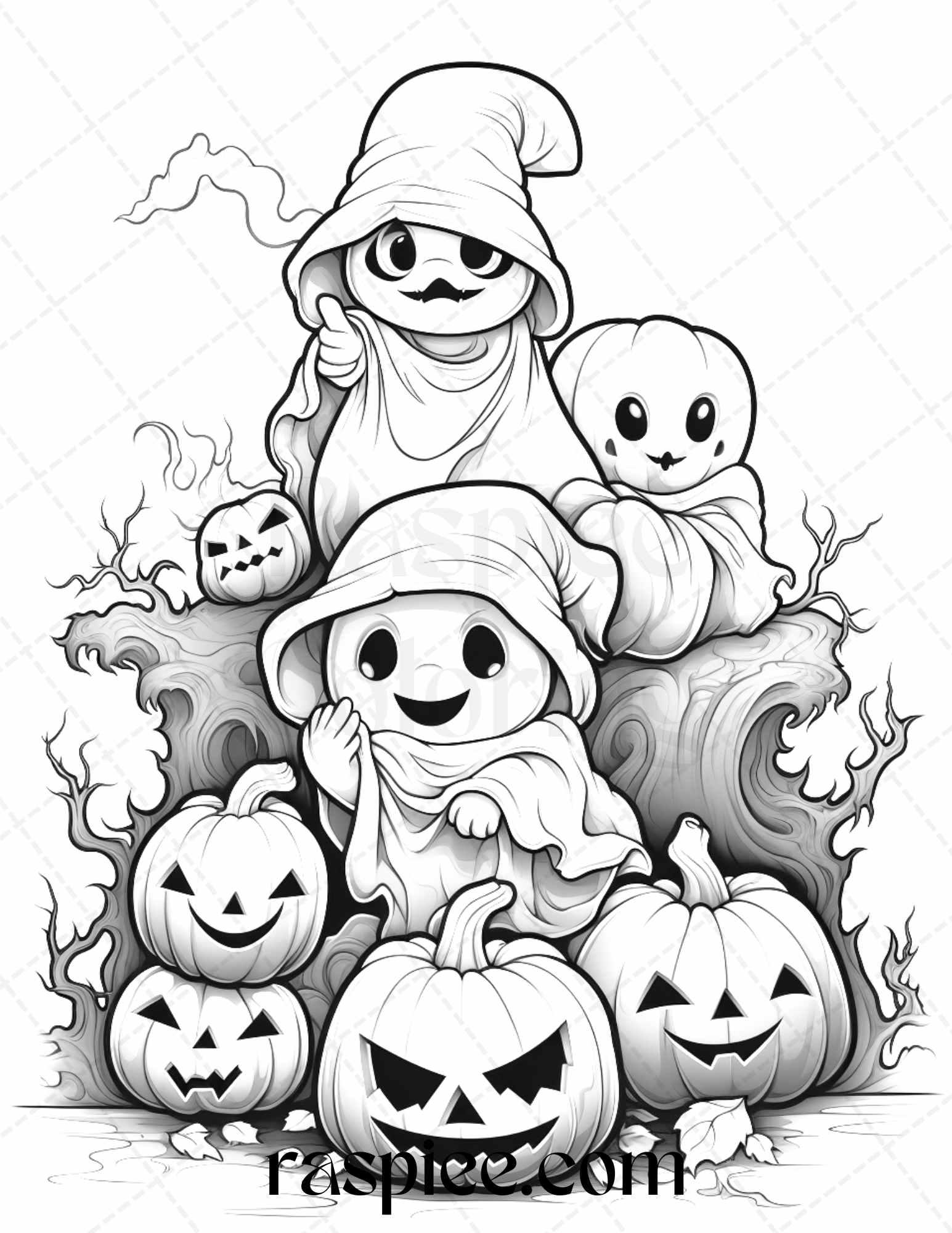 50 Halloween Cute Ghosts Grayscale Coloring Printable for Adults Kids, PDF File Instant Download