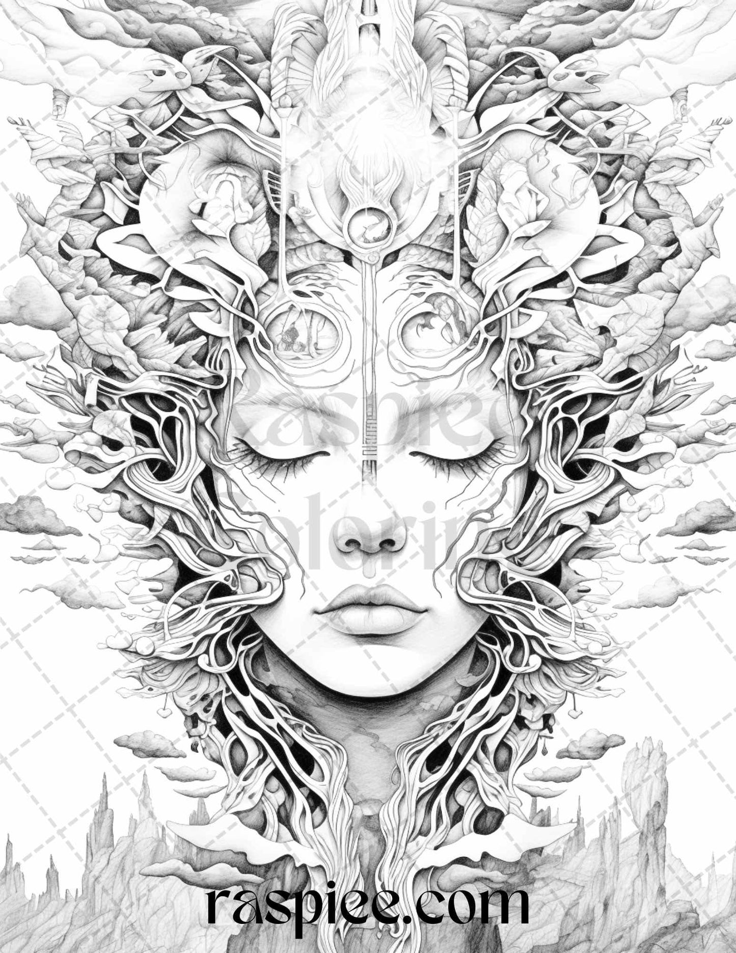 60 Enchanting Surrealism Grayscale Coloring Pages Printable for Adults, PDF File Instant Download
