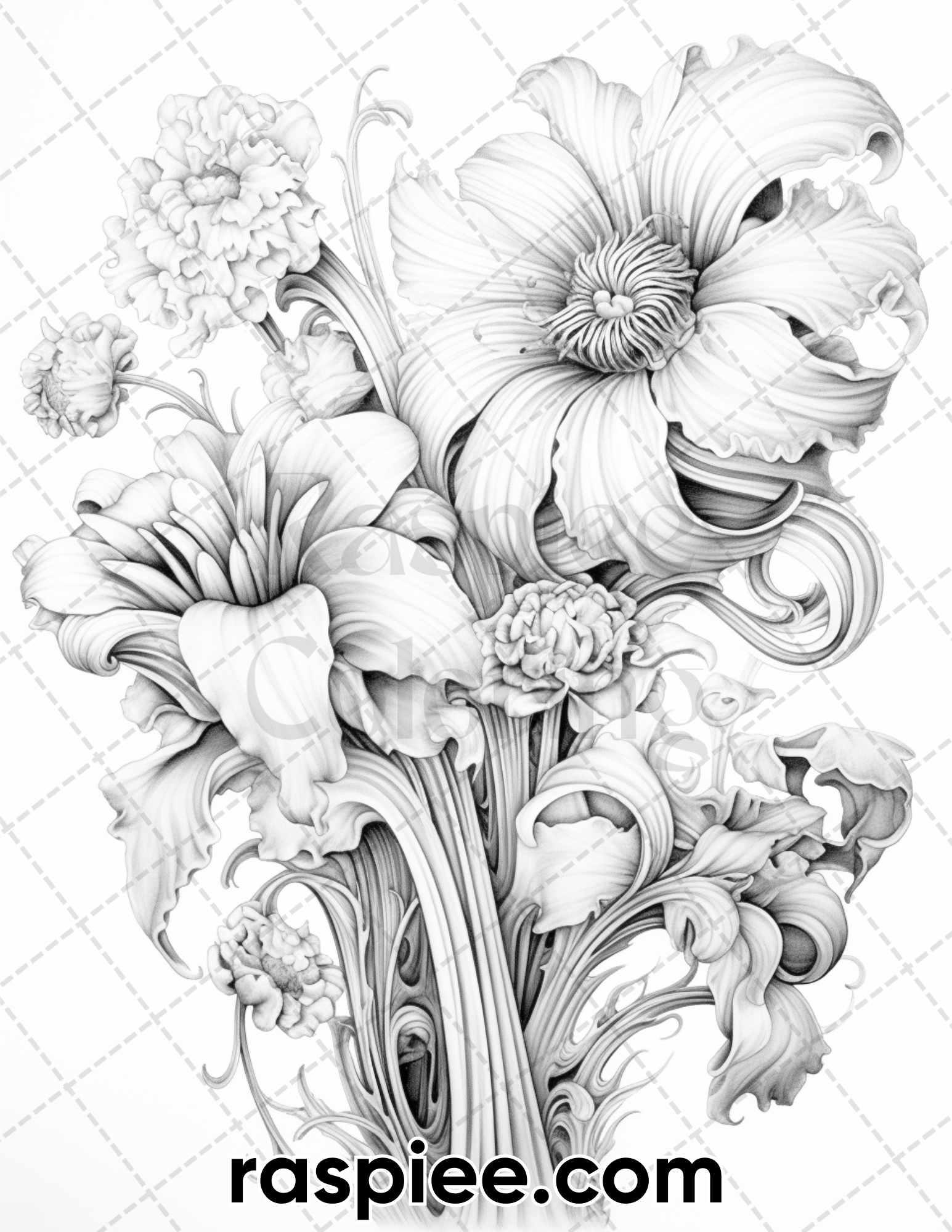 55 Fantasy Flowers Grayscale Coloring Pages for Adults, Printable PDF File Instant Download
