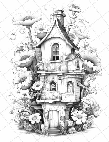 60 Flower Houses Grayscale Coloring Pages Printable for Adults, PDF File Instant Download