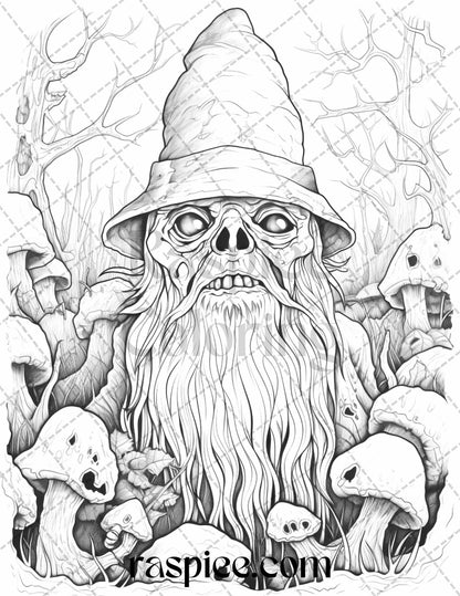 50 Horror Zombie Gnomes Grayscale Coloring Pages Printable for Adults, PDF File Instant Download