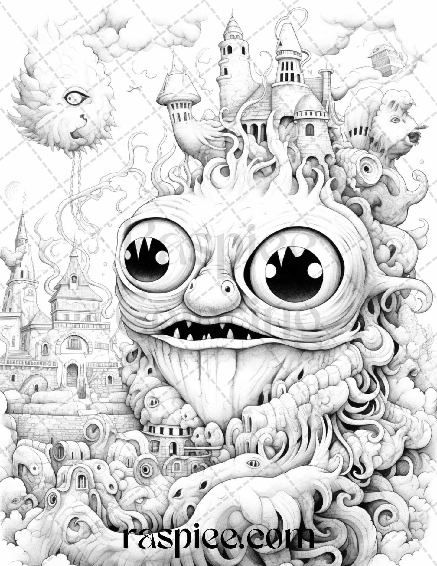 53 Surreal Creatures Grayscale Coloring Pages for Adults, Printable PDF File Instant Download