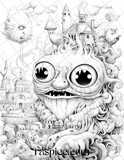 53 Surreal Creatures Grayscale Coloring Pages for Adults, Printable PDF File Instant Download