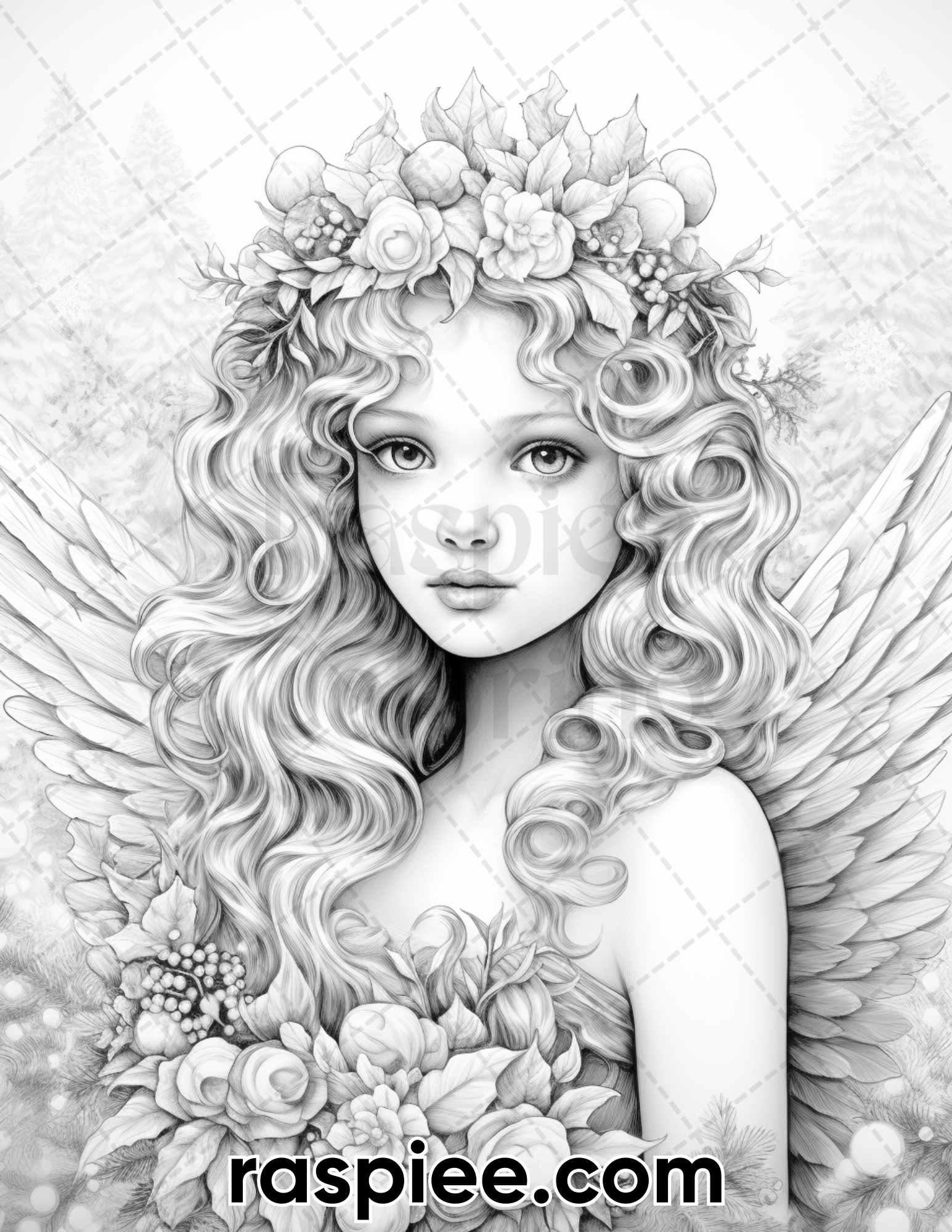 55 Christmas Angel Grayscale Coloring Pages for Adults, Printable PDF Instant Download