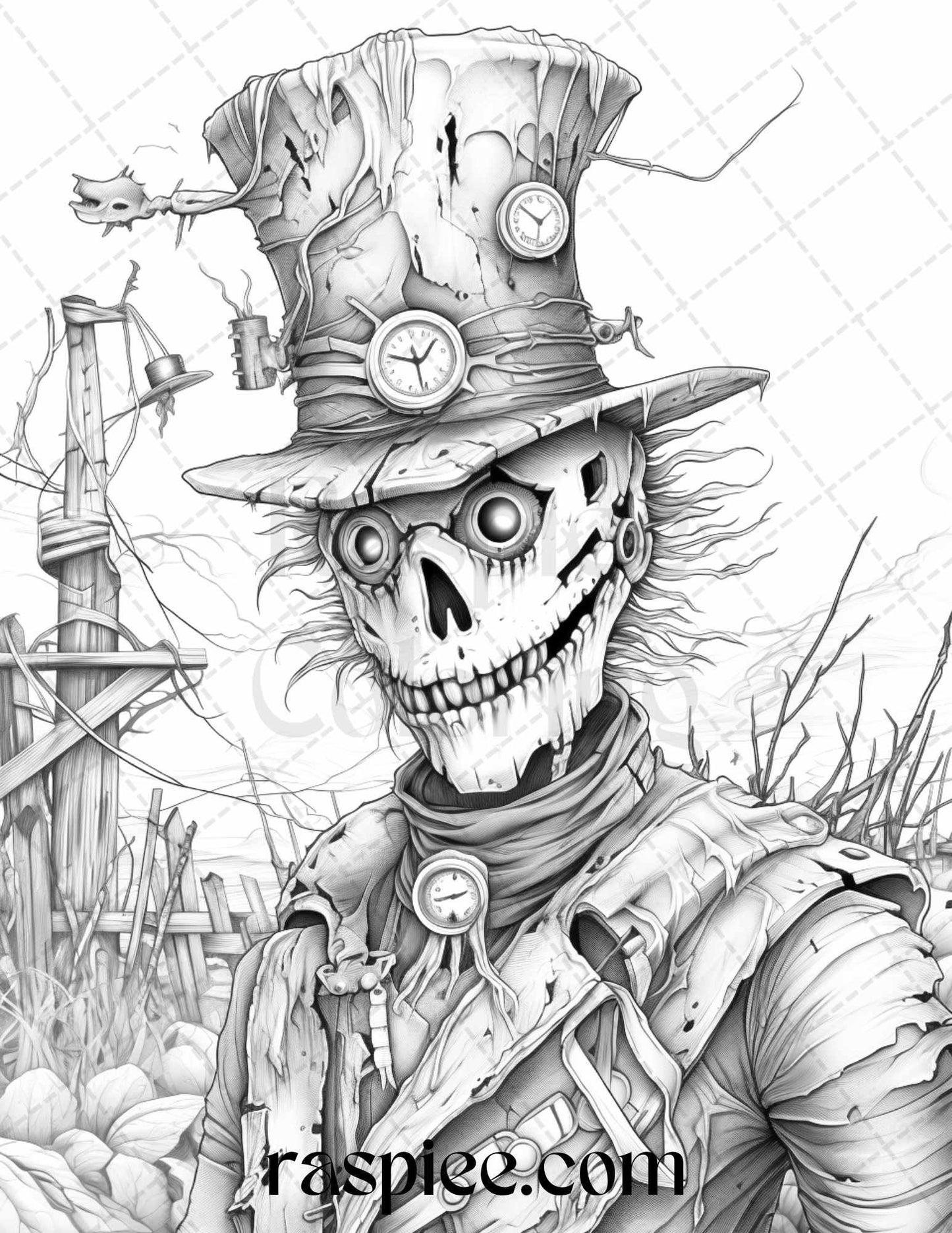 53 Scary Steampunk Scarecrows Grayscale Coloring Pages Printable for Adults, PDF File Instant Download