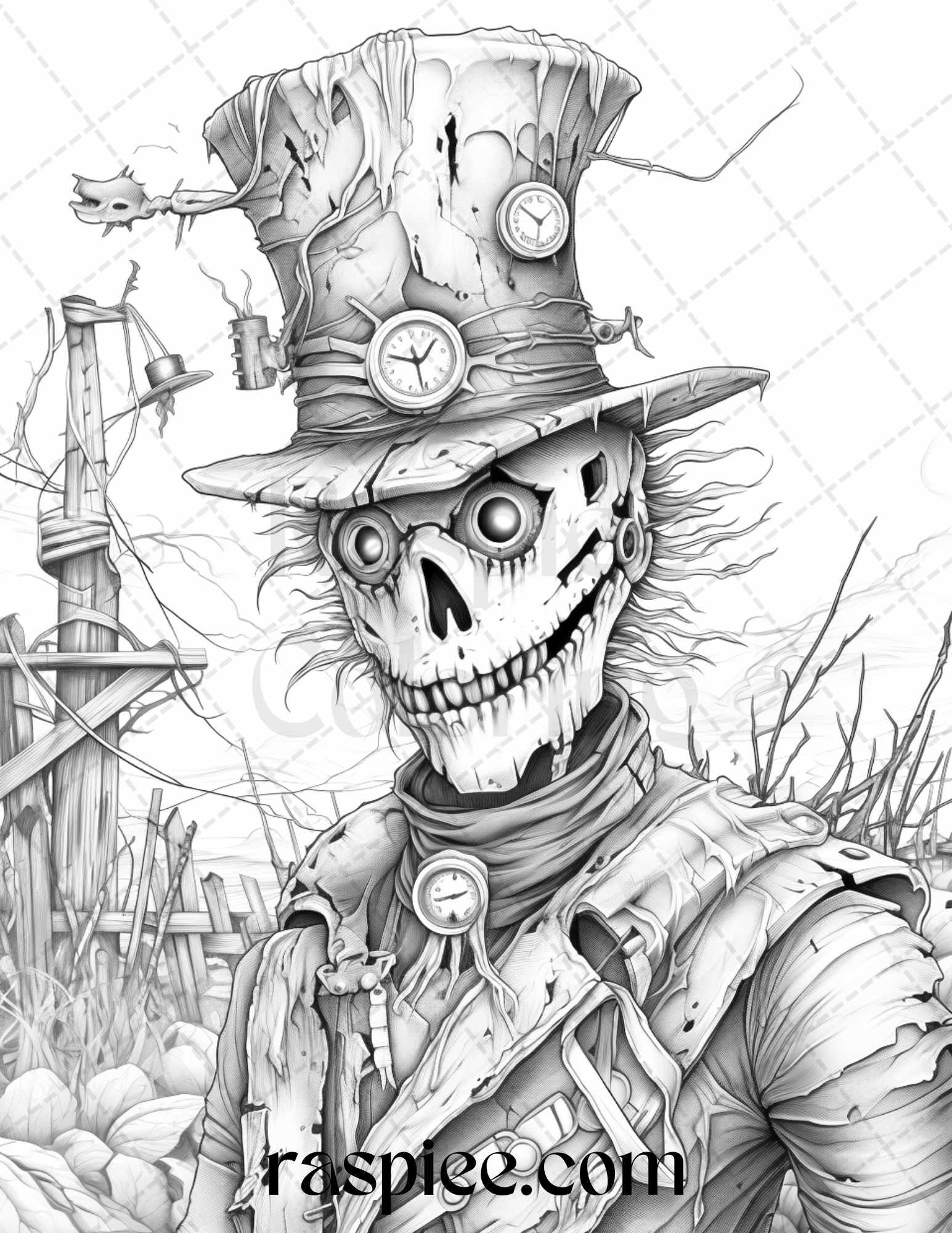 53 Scary Steampunk Scarecrows Grayscale Coloring Pages Printable for Adults, PDF File Instant Download