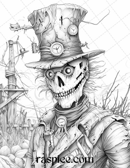53 Scary Steampunk Scarecrows Grayscale Coloring Pages Printable for Adults, PDF File Instant Download