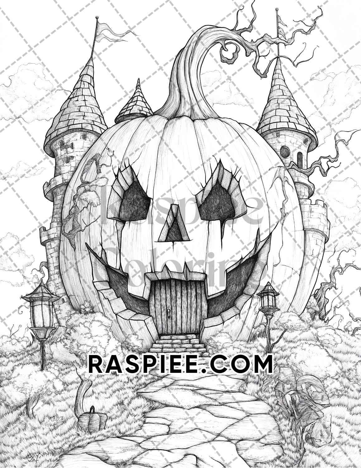 Fantasy Giant Pumpkin Castles Adult Coloring Pages Printable PDF Instant Download