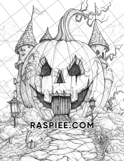 Fantasy Giant Pumpkin Castles Adult Coloring Pages Printable PDF Instant Download