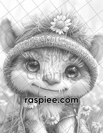 65 Fantasy Little Trolls Grayscale Adult Coloring Pages Printable PDF Instant Download