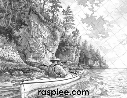 65 Coastal Landscapes Grayscale Adult Coloring Pages, Printable PDF Instant Download